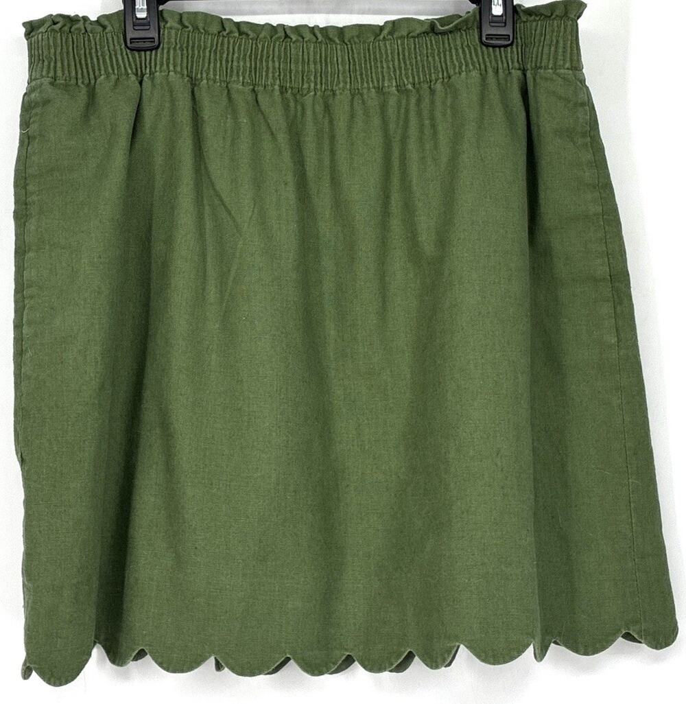 J Crew Linen Blend Scalloped Hem Pull On Skirt Size 16 Women Olive Green Lined